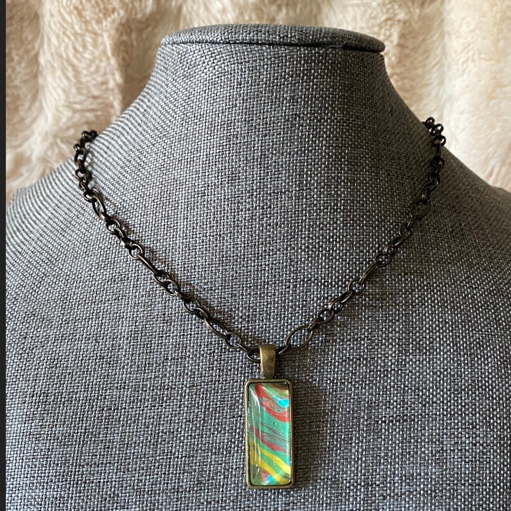 Hand painted Abstract Acrylic fluid pour art bezel pendant necklace green gold